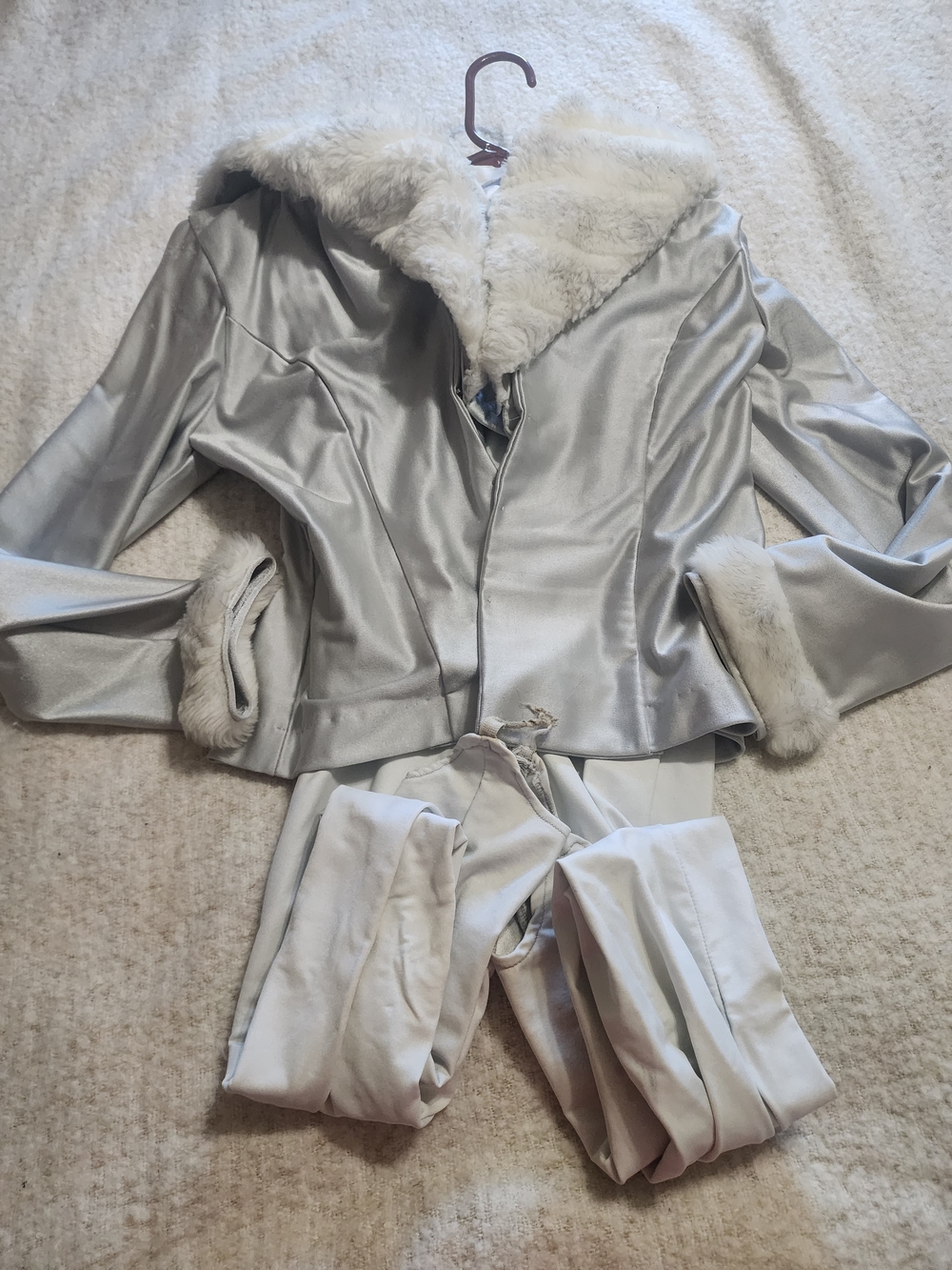 VTG 80s Silver Ice Skating Two Piece Set Jumpsuit Fur Collar No Tag